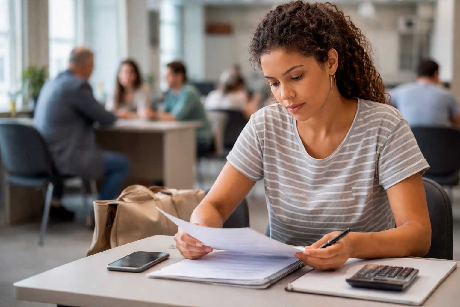Pessoa analisando documentos financeiros em ambiente de atendimento, momento de avaliação antes de decisão de crédito