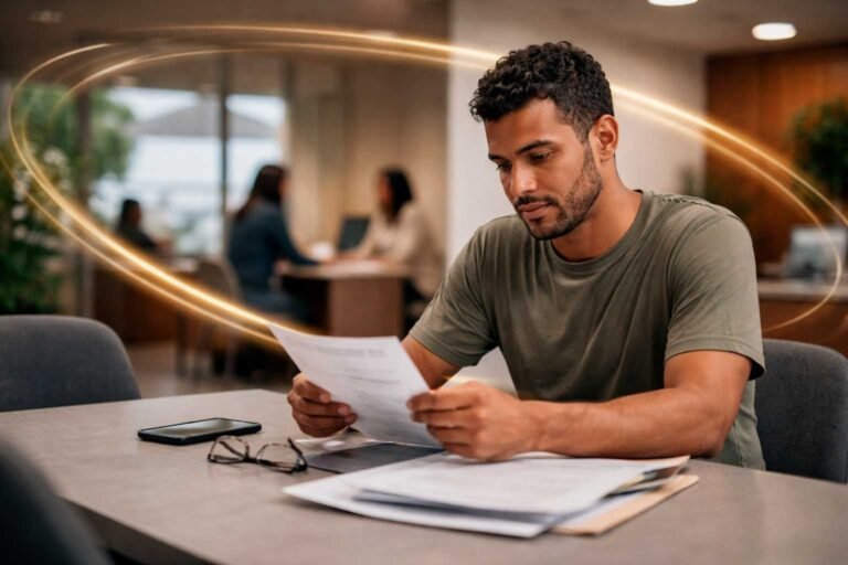 Pessoa analisando documentos de seguro em ambiente de atendimento, em momento real de decisão financeira