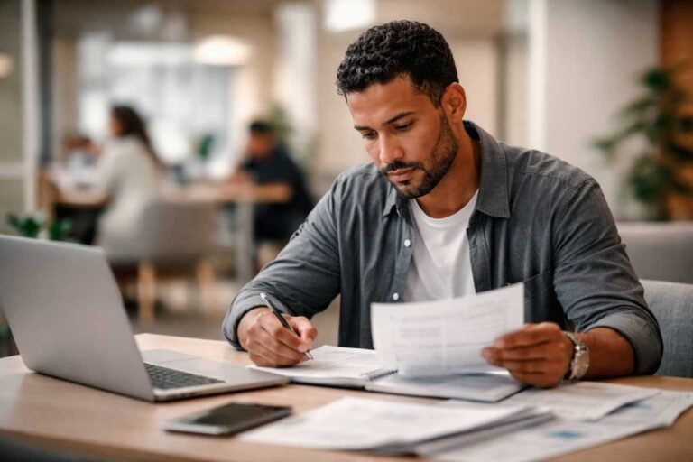 Trabalhador CLT analisando documentos antes de decidir sobre empréstimo com desconto em folha