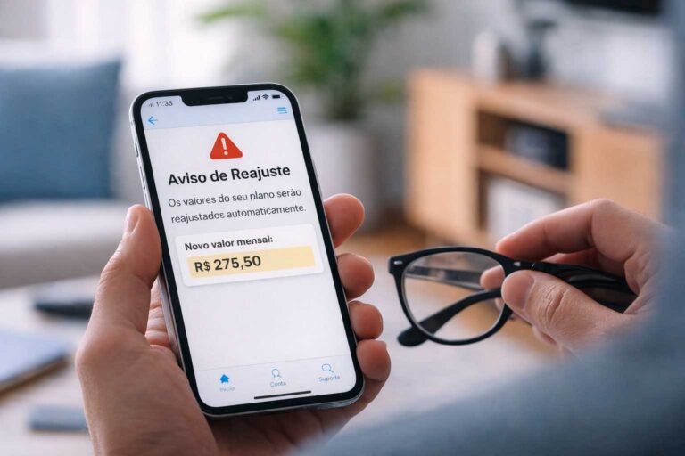 Aviso de reajuste automático de preço exibido no celular durante verificação de plano