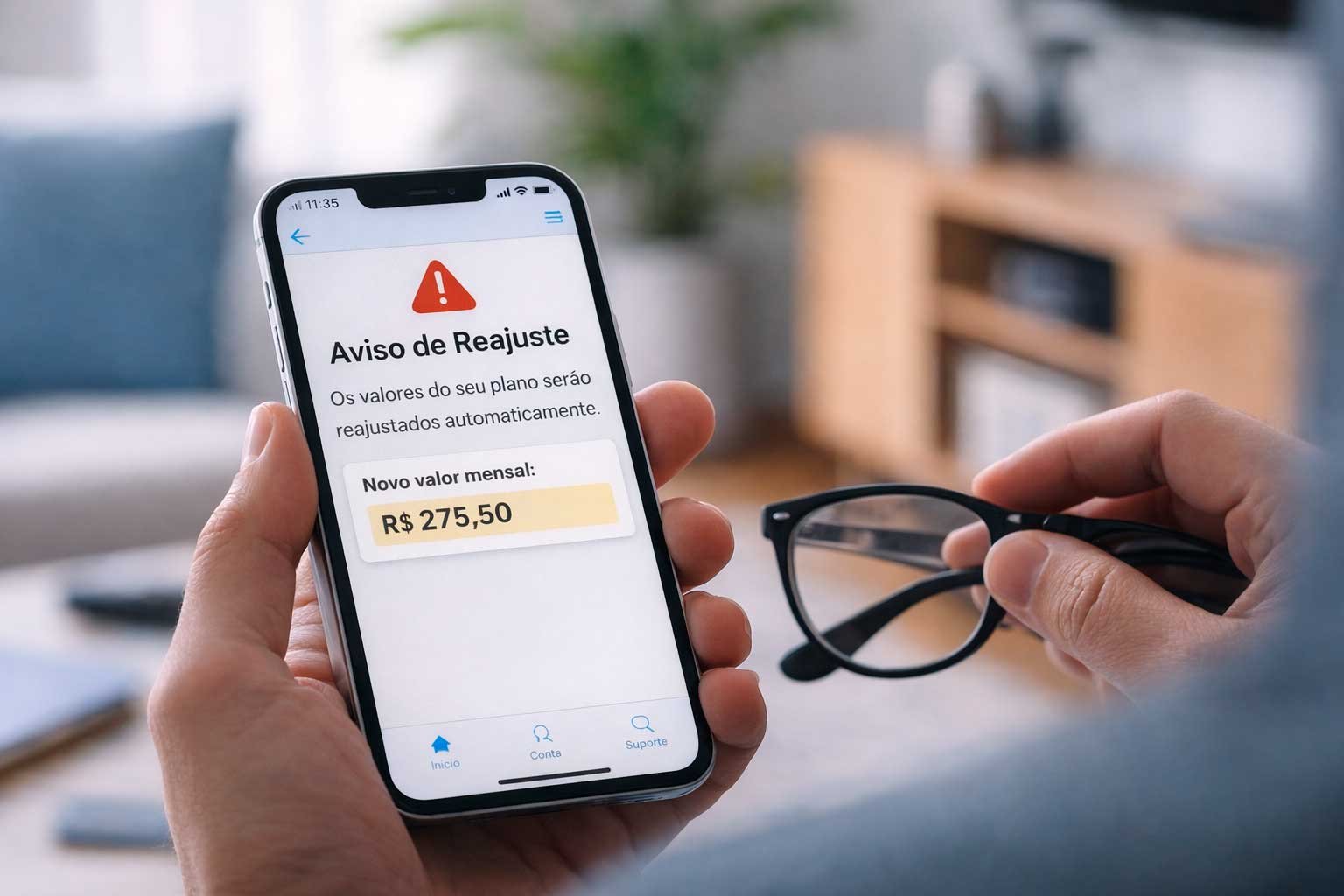 Aviso de reajuste automático de preço exibido no celular durante verificação de plano