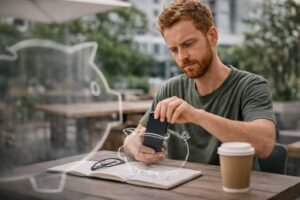 Homem analisando informações financeiras no celular em ambiente externo, durante decisão sobre uso de caixinha ou cofrinho digital