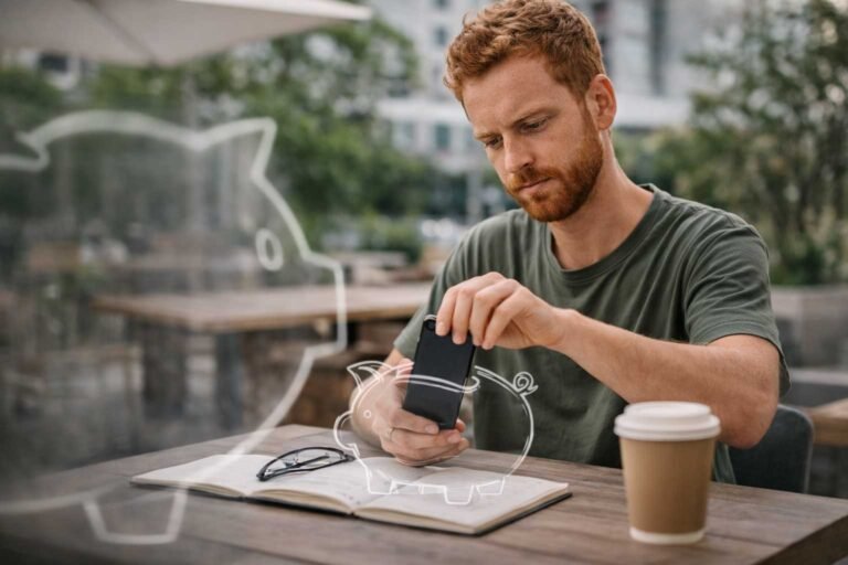 Homem analisando informações financeiras no celular em ambiente externo, durante decisão sobre uso de caixinha ou cofrinho digital