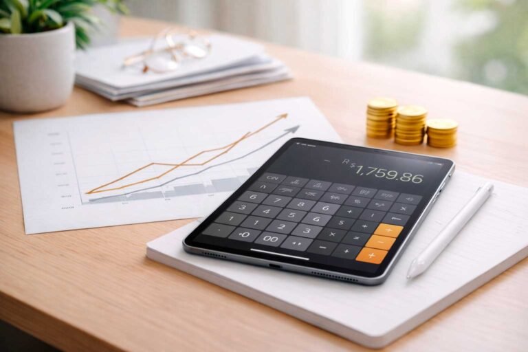 calculadora financeira sendo usada para comparar juros simples e compostos em um ambiente real