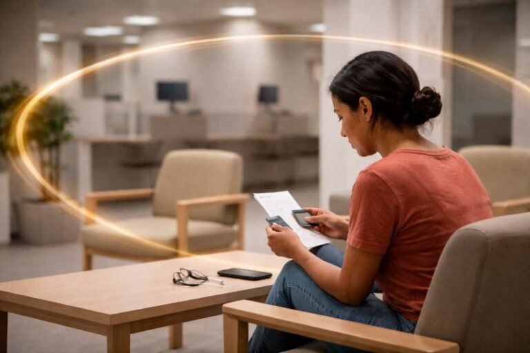 Pessoa sentada em ambiente funcional, analisando fatura e cartão de crédito em momento de decisão silenciosa