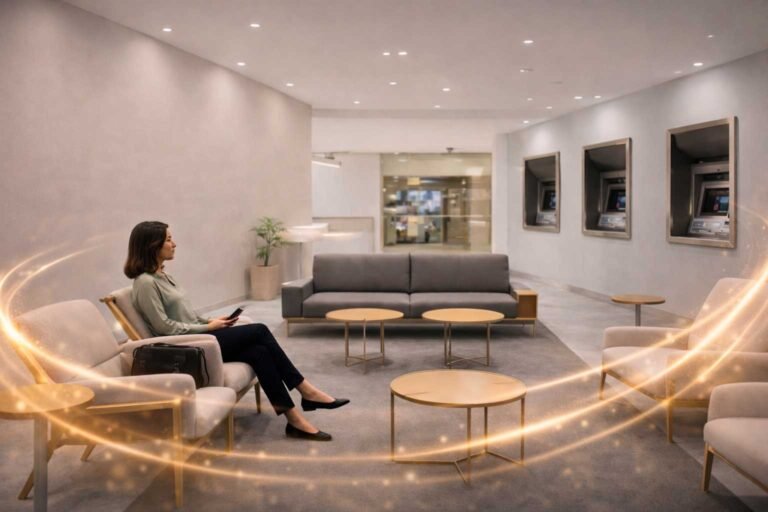 Pessoa aguardando atendimento em ambiente financeiro enquanto avalia decisão de crédito