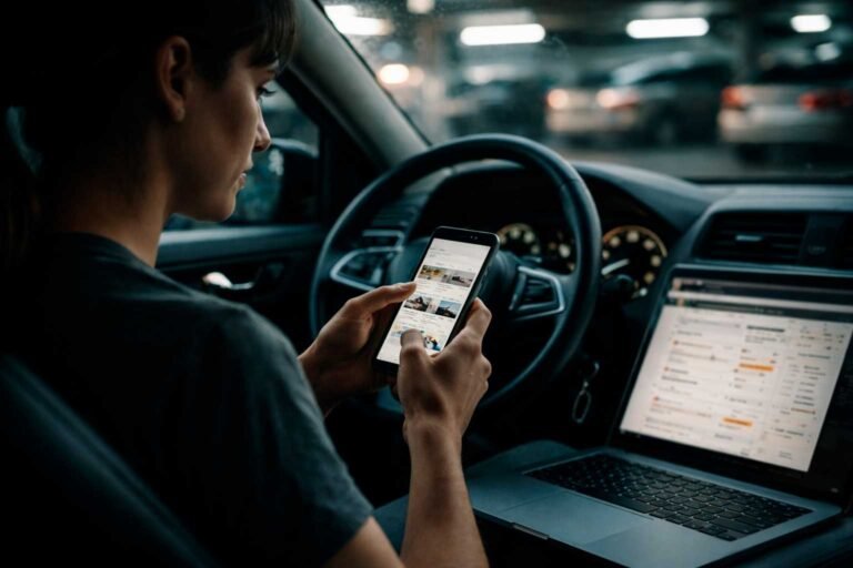 Mulher dentro do carro comparando opções de comprar, alugar ou assinar um veículo pelo celular