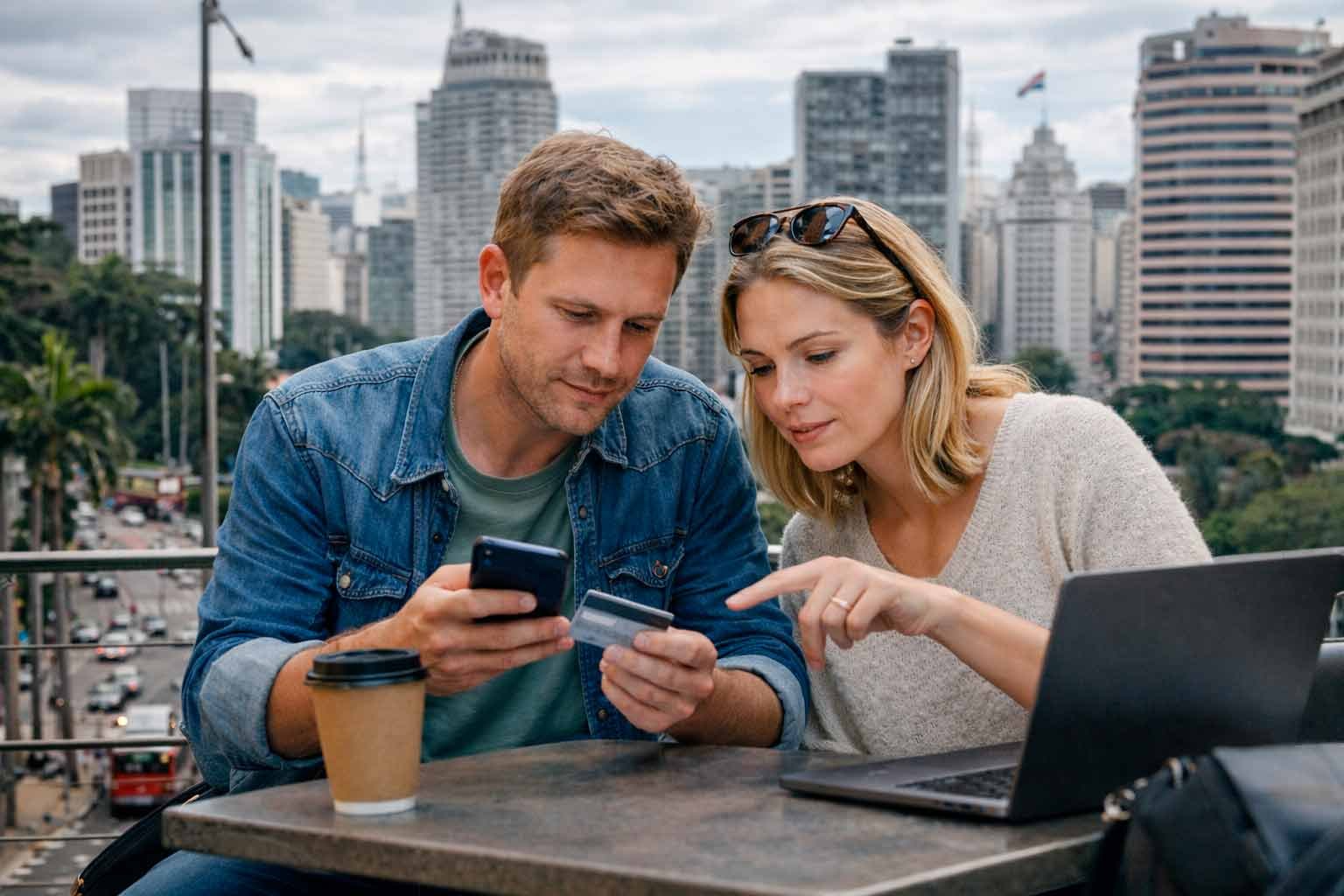 pessoas consultando limite de crédito no celular em espaço urbano