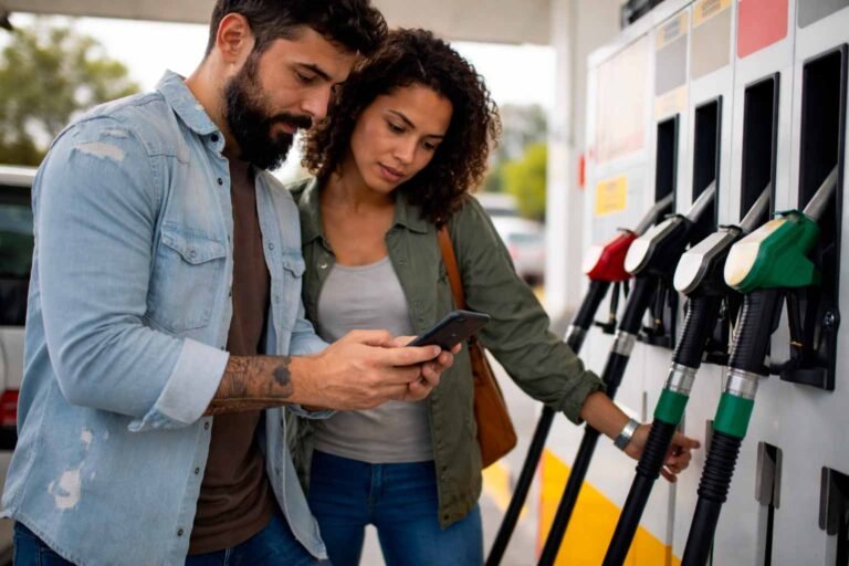 Pessoa decidindo entre álcool e gasolina no posto, consultando preços antes de abastecer