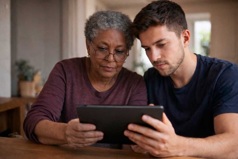 Senhora e jovem analisando informações de aposentadoria em um tablet, em um momento real de decisão financeira