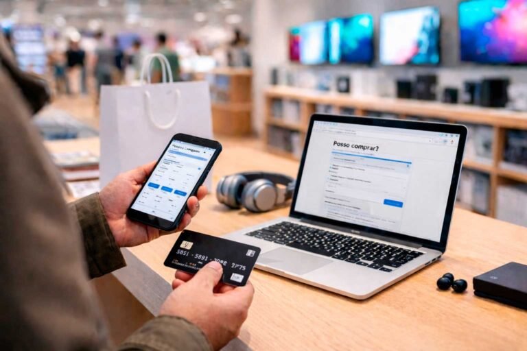 Pessoa em loja de eletrônicos conferindo no celular se pode comprar antes de pagar com cartão de crédito