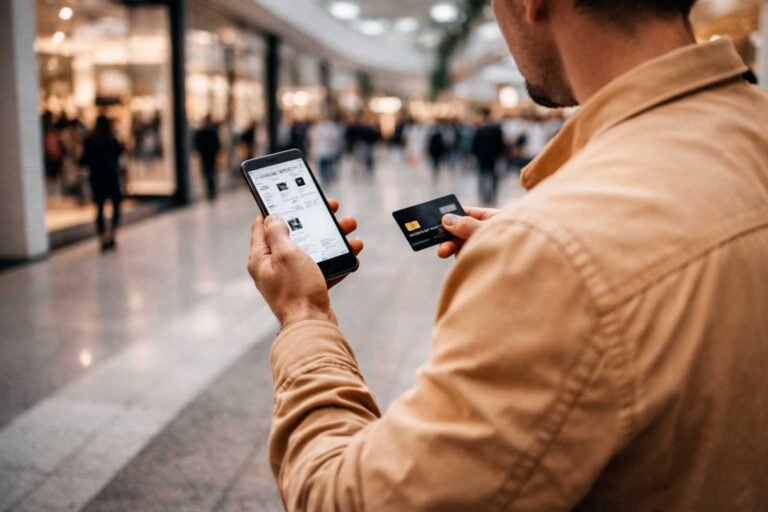Pessoa compara preços no celular dentro de um shopping antes de decidir se compra