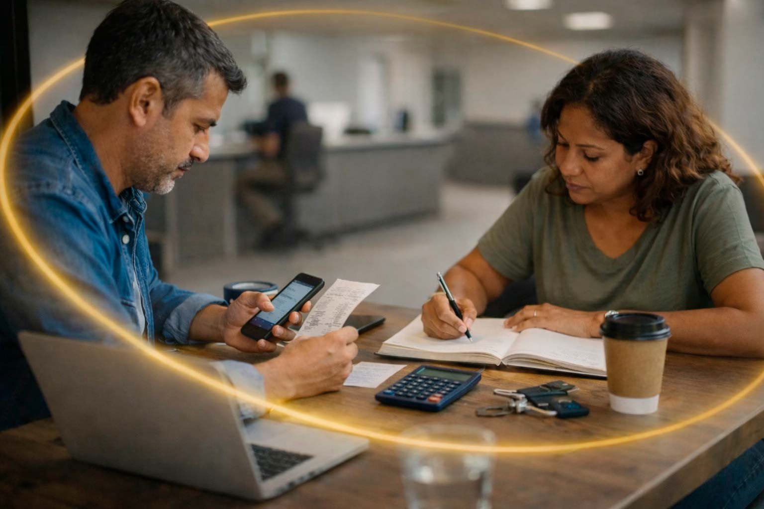 Pessoa analisando despesas e anotando informações financeiras em um momento real de decisão cotidiana