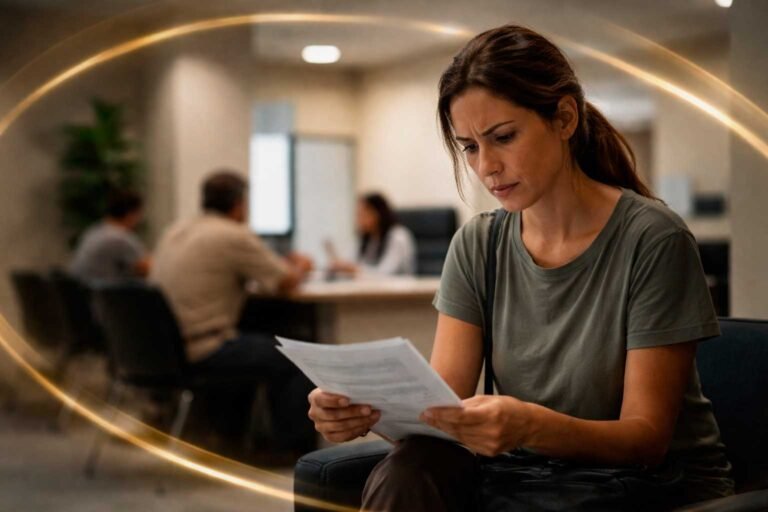 Pessoa sentada em área de espera, lendo documentos e avaliando uma decisão financeira, em ambiente funcional e discreto.