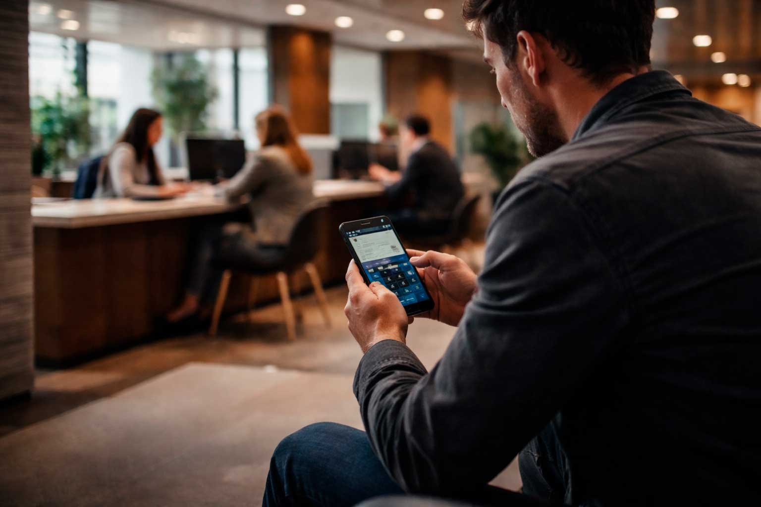 Pessoa consultando informações financeiras no celular dentro de um banco antes de tomar uma decisão
