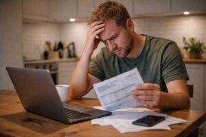 Homem analisando fatura em casa enquanto tenta resolver um problema financeiro