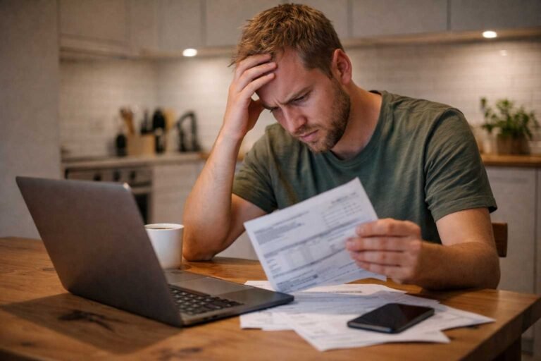 Homem analisando fatura em casa enquanto tenta resolver um problema financeiro