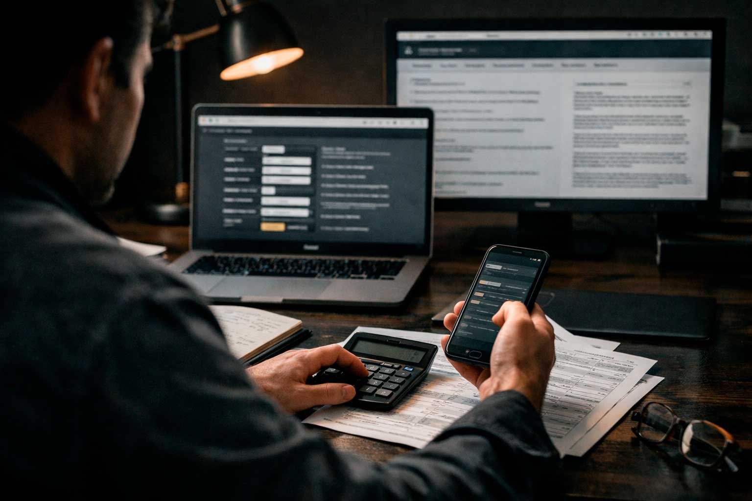 Pessoa consultando informações financeiras e calculando custos antes de tomar uma decisão