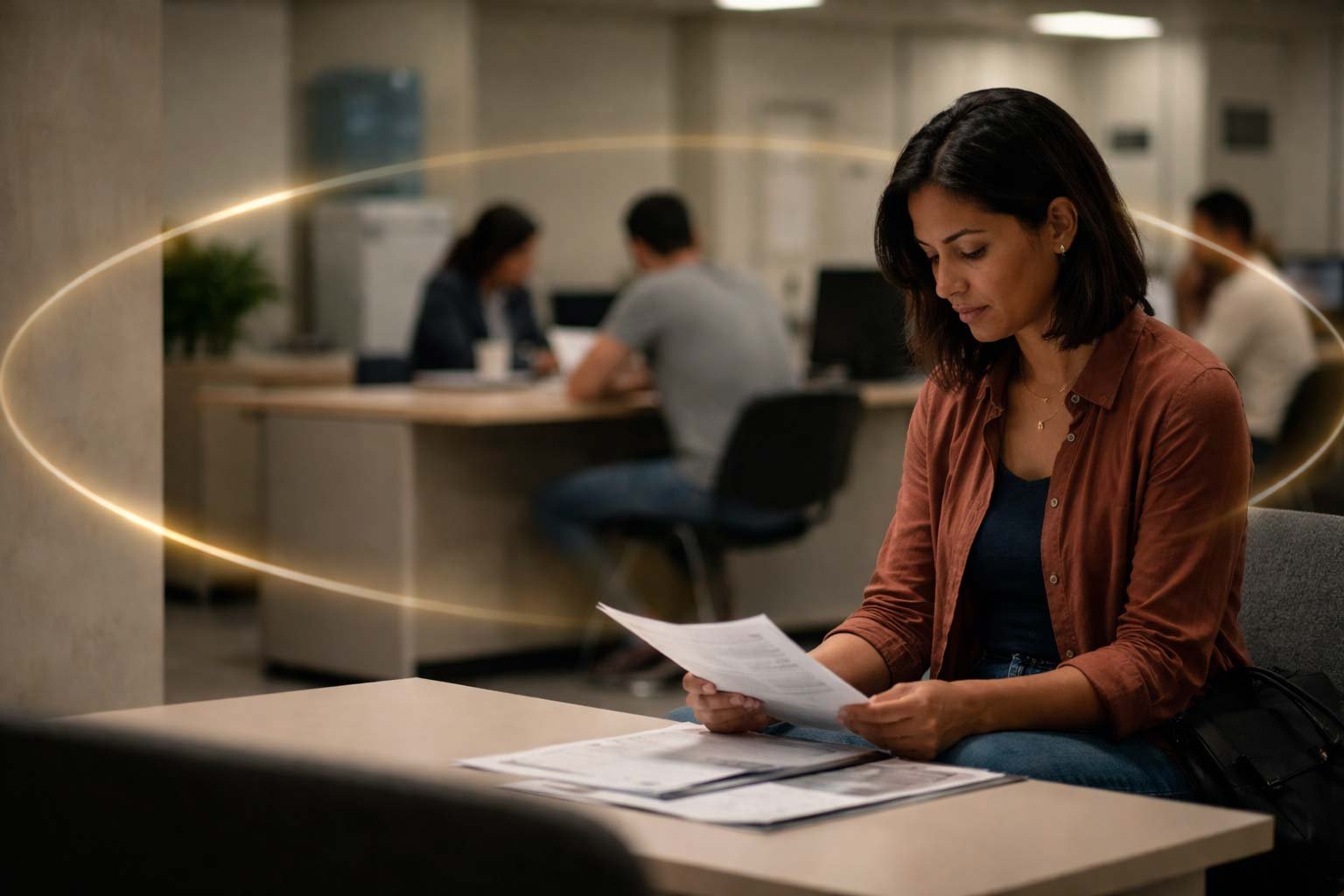 Pessoa sentada em ambiente de atendimento avaliando documentos antes de decidir sobre um financiamento