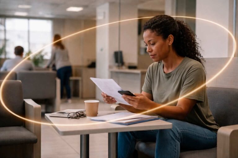 Pessoa aguardando e analisando informações financeiras em ambiente funcional