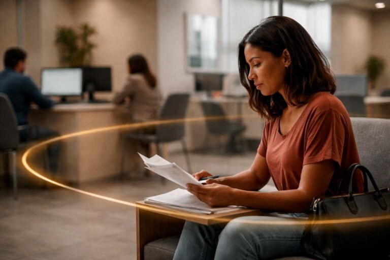 Pessoa aguardando atendimento enquanto avalia documentos em um ambiente funcional, representando uma decisão financeira em espera.