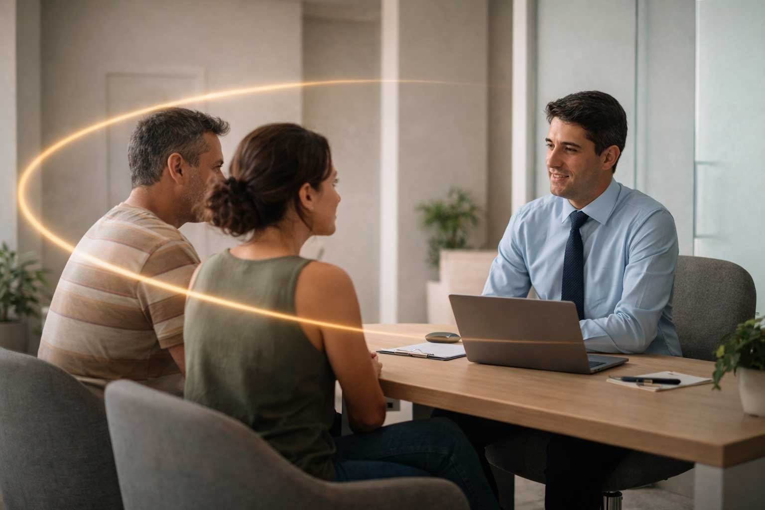 Casal em atendimento financeiro avaliando informações sobre investimentos com gerente bancário