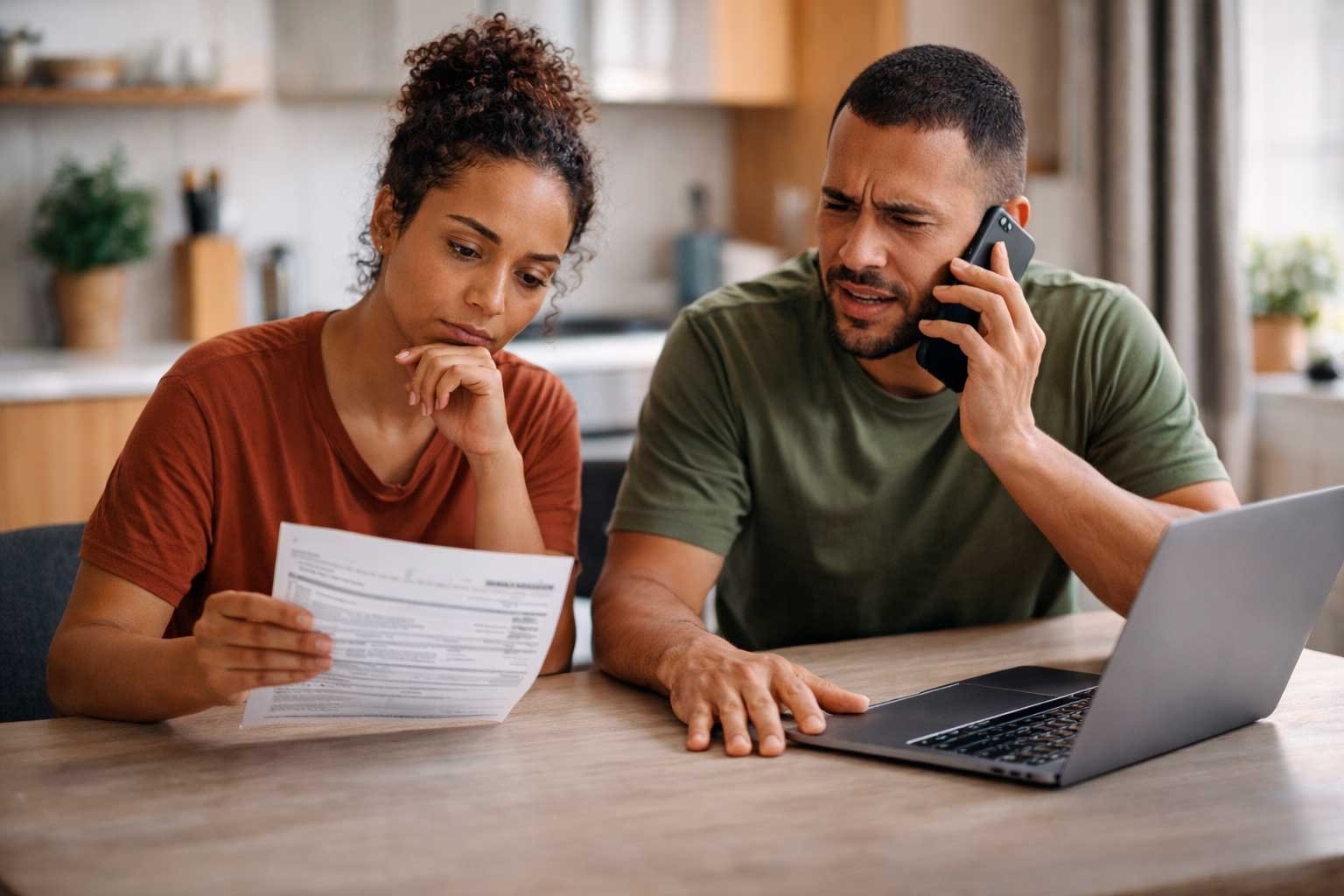 Casal analisa fatura de serviço enquanto homem liga para central de atendimento para contestar multa de fidelidade