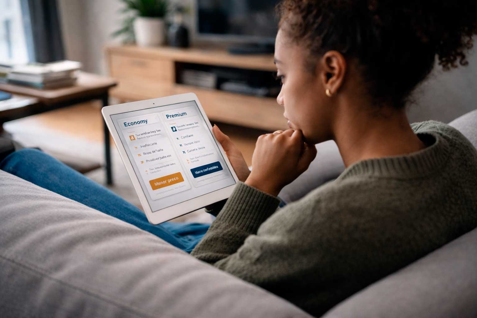 Mulher analisando opções de serviço em um tablet antes de decidir, em um contexto cotidiano de avaliação de custo e risco