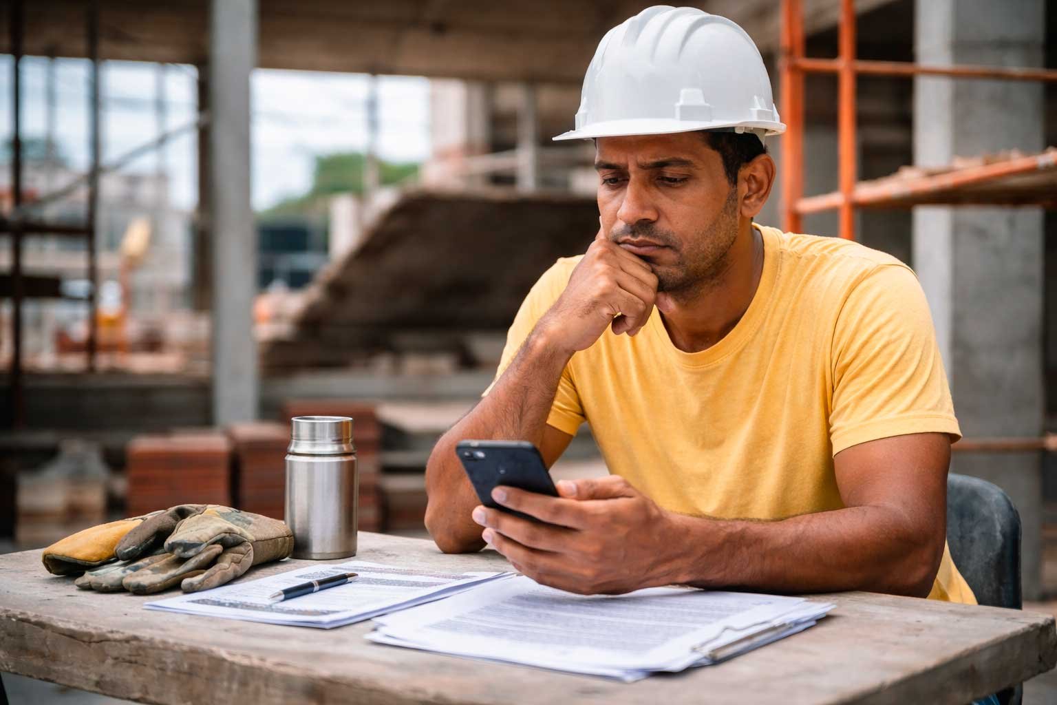 Trabalhador consulta informações no celular durante pausa em uma obra